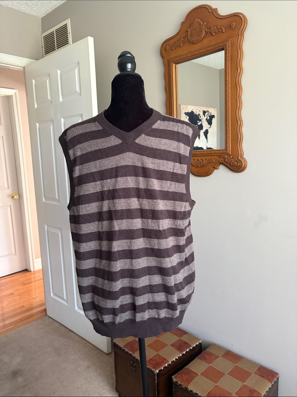 Men's V-Neck Sleeveless Sweater Vest in Brown & Gray Stripes